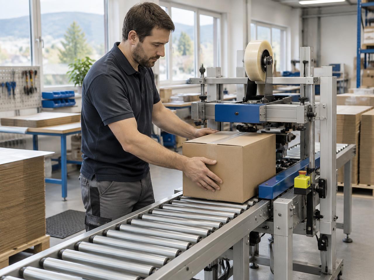 Kartonübergabe an einer kompakten Endverpackungsanlage