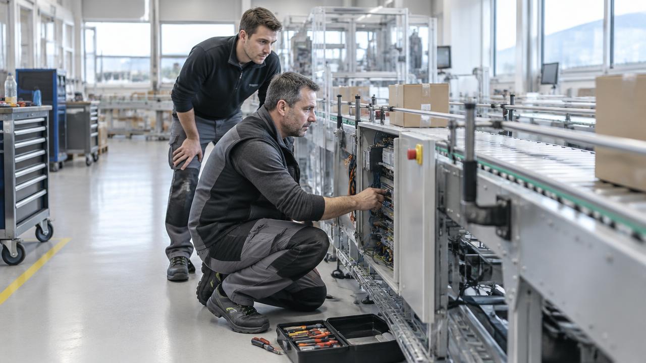 Fachpersonen bei Service und Inbetriebnahme an einer modularen Anlage