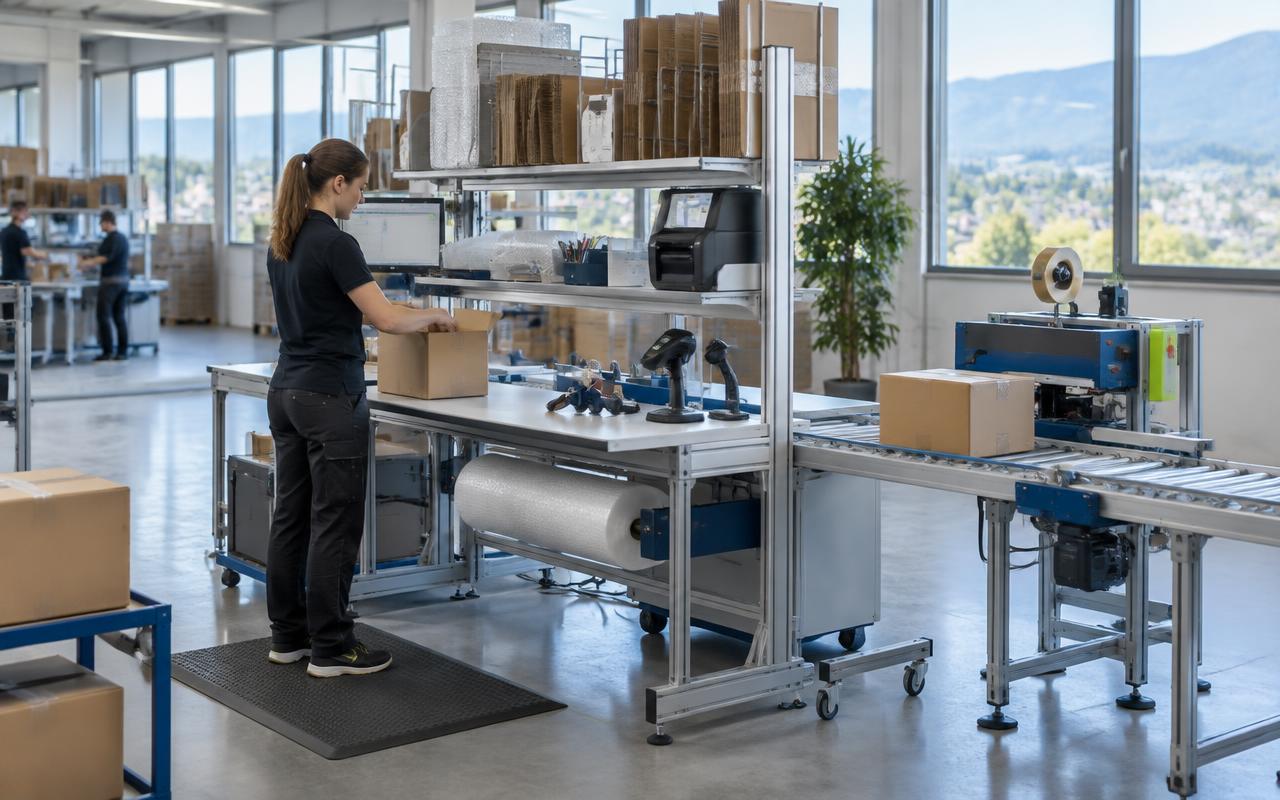 Kompakter Packplatz mit Kartonverschliesser und modularer Fördertechnik